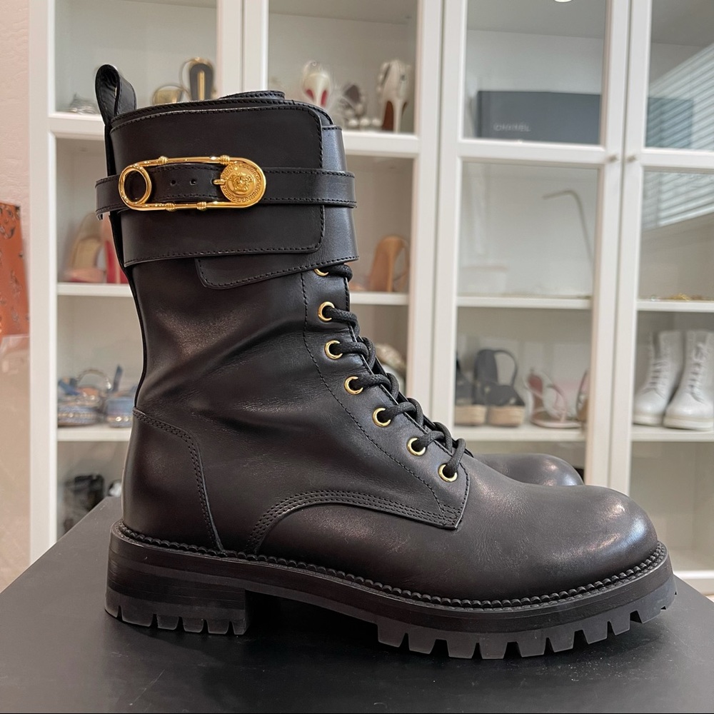 SOLD🚫VERSACE Leather Safety Pin Combat Boots, 40 10 - Picture 4 of 13